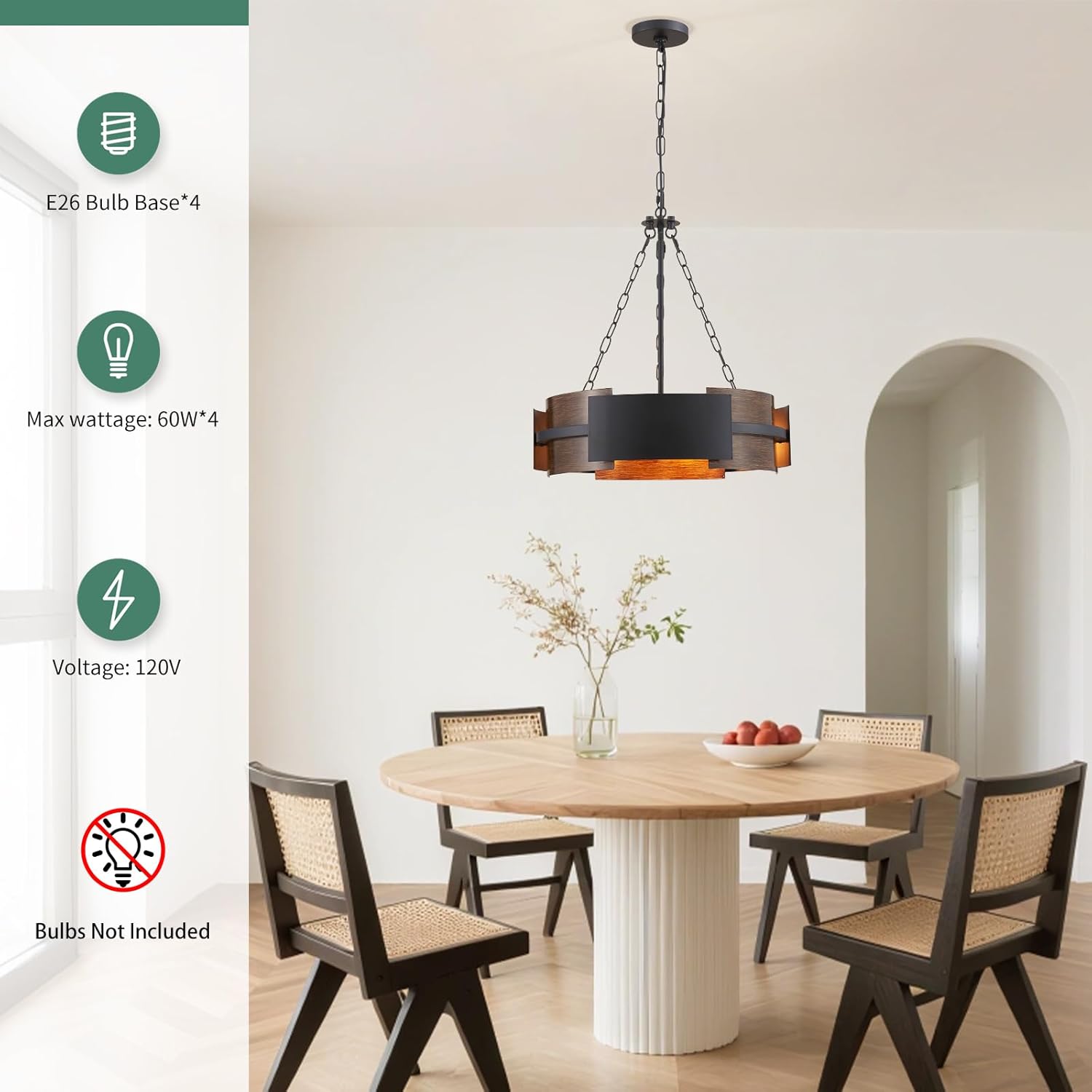 Farmhouse Drum Chandelier D20-Inch Height Adjustable Pendant Lighting Fixture 4-Light Ceiling Light for Dining Room Kitchen Island Living Room Office Black and Walnut Grain Finish