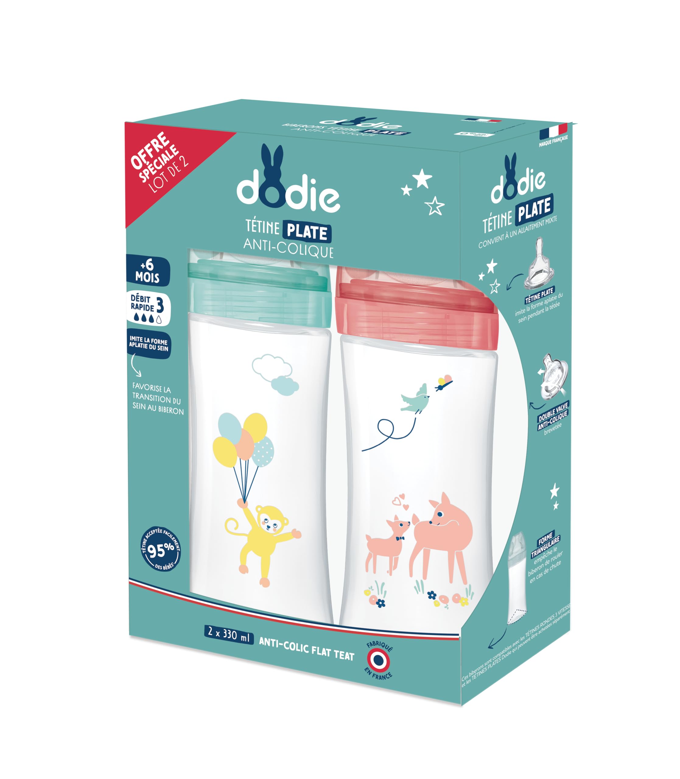 DODIE Sensation+ Anti-Colic Feeding Bottles (2 x 330 ml) - Flat Teat - 3, BPA - 6 Months + - Circus Yellow