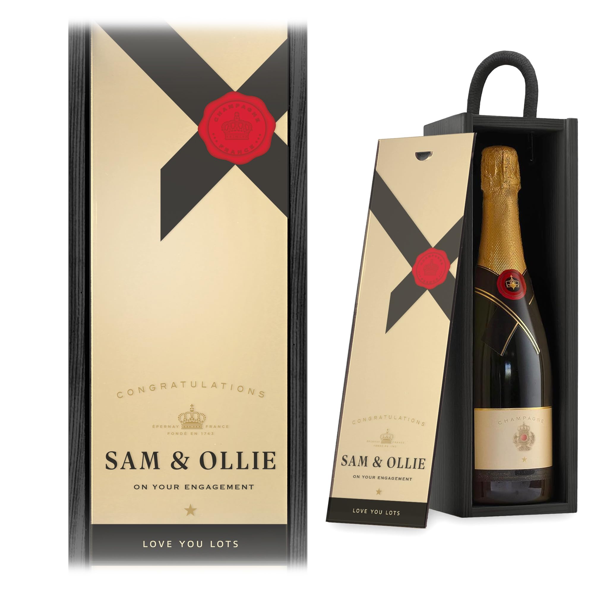 A1 Graphics Ltd Personalised Champagne Wine Gift Box Merry Christmas Custom Printed Birthday Christmas Valentines Anniversary Engagement Gift (Black Box/Gold Mirror Lid)