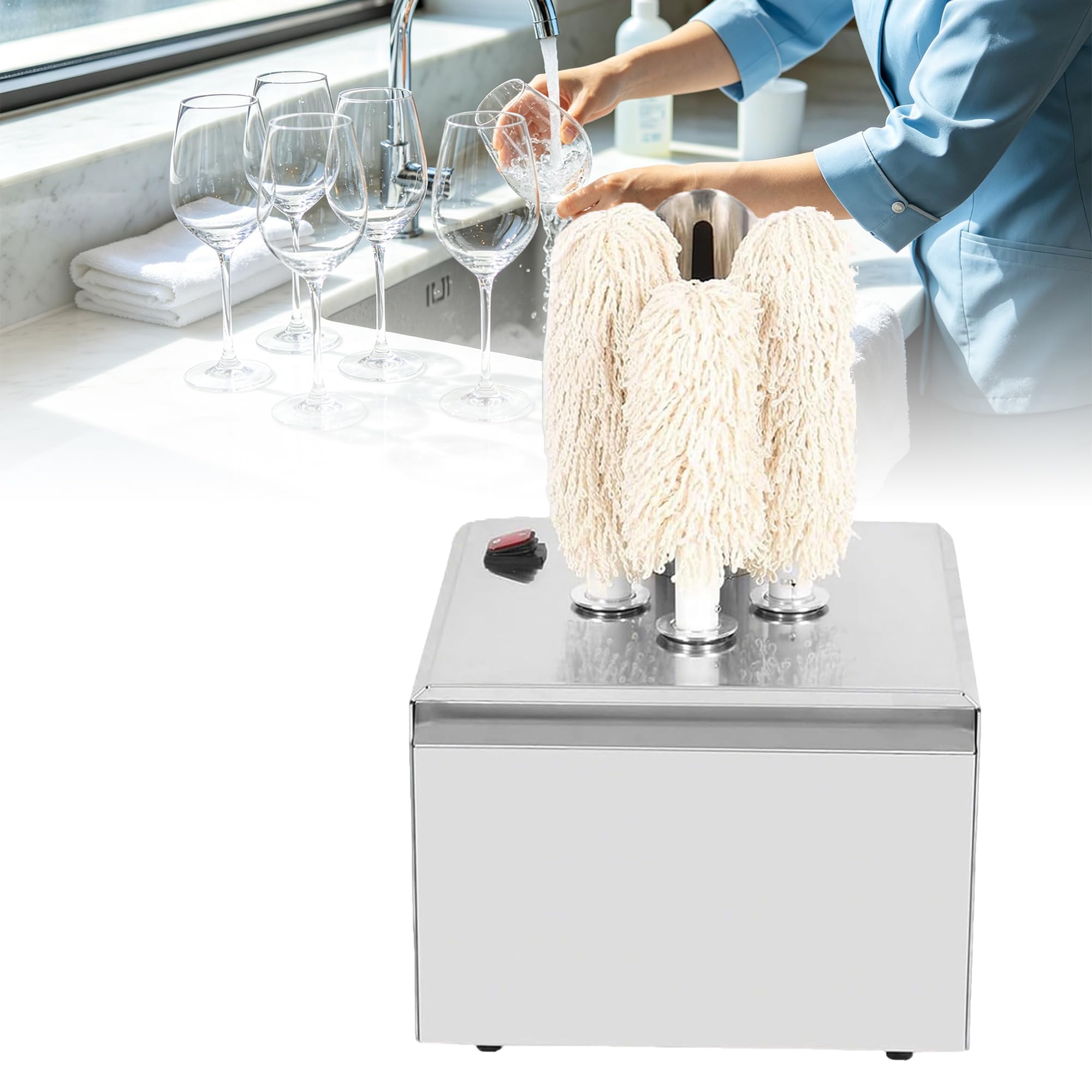 Pulidora de vasos con secado al aire caliente y cabezales de pulido suaves | Limpiador de cristal de acero inoxidable 304 para botellas de vino y copas, ideal para bar y restaurante (3 cabezales)