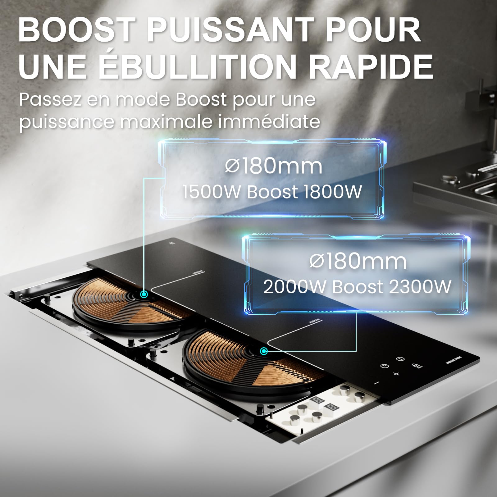 Plaque Induction 2 Feux - Plaque de Cuisson Electrique Encastrable 3800W, Verre Anti-Rayures avec Grattoir, Minuterie 1-99 min, Boost, Sécurité Enfant, 2 Ans Garantie - 4