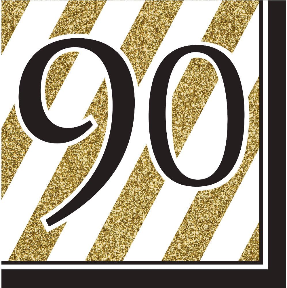 Pack of 192 Gold and White Striped with Black"90" and Border 2-Ply Party Lunch Napkins