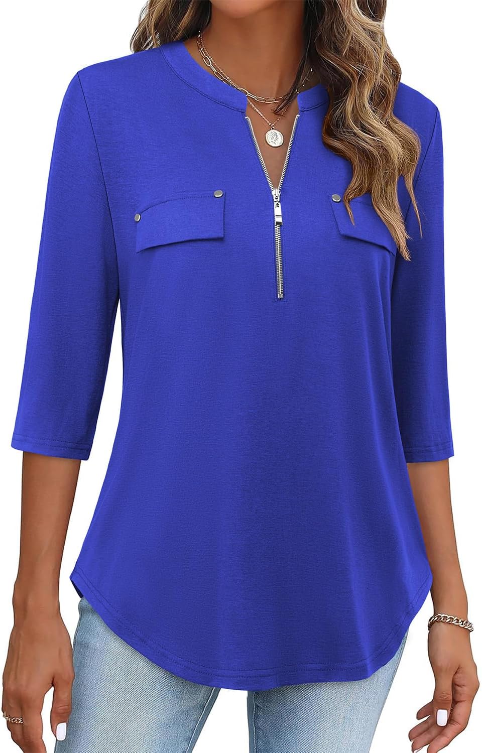 Bulotus Womens 3/4 Sleeve Tops Plus Size V Neck Zipper Business Casual Blouses for Office & Going Out Soft Knit Tunics, M-3XL