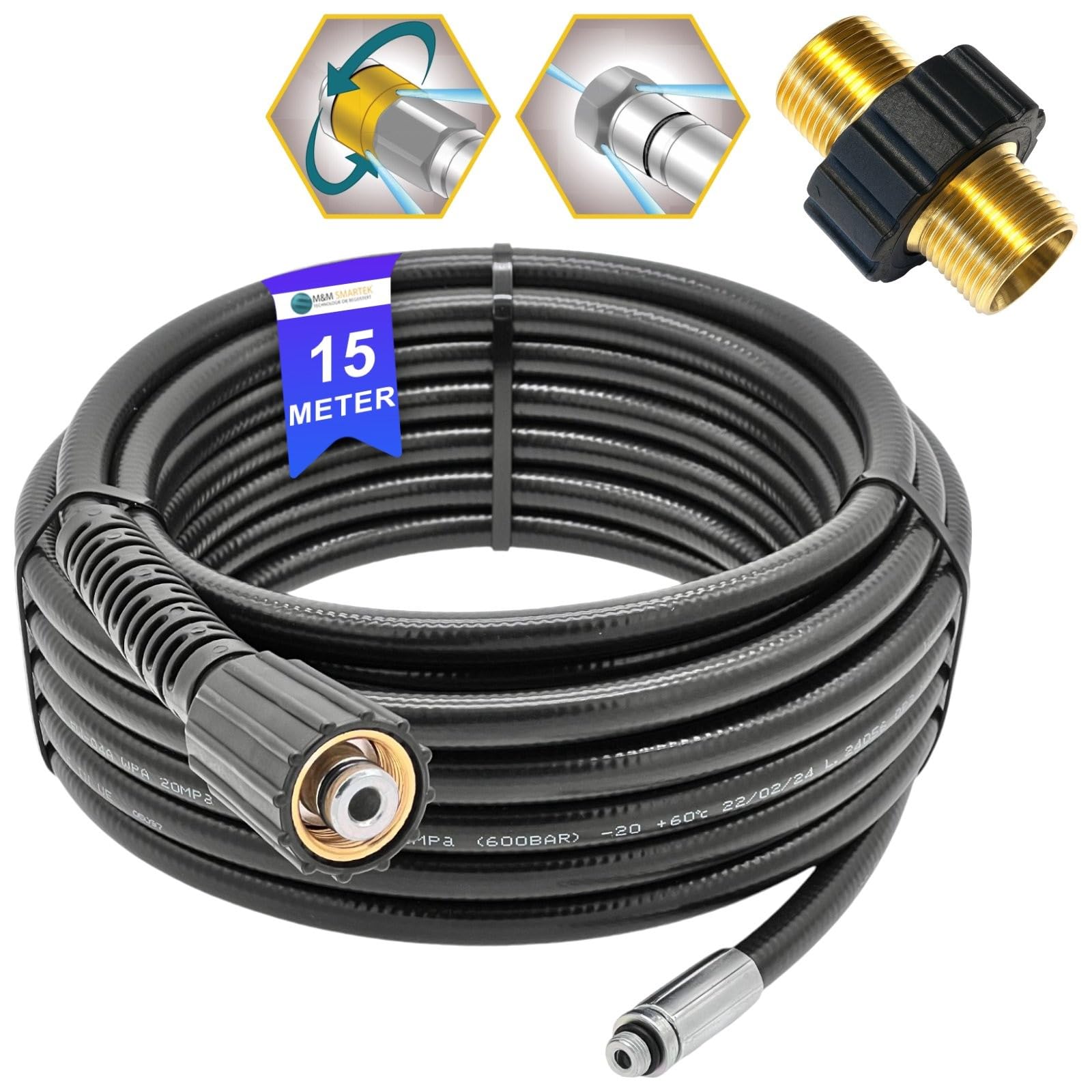 30 m de tuyau de nettoyage pour Kärcher HD HDS et Kränzle – Kit professionnel de 4 pièces avec buse fixe et rotative – Raccord M22x1,5 – Kit de nettoyage de tuyau haute pression pour le débouchage des