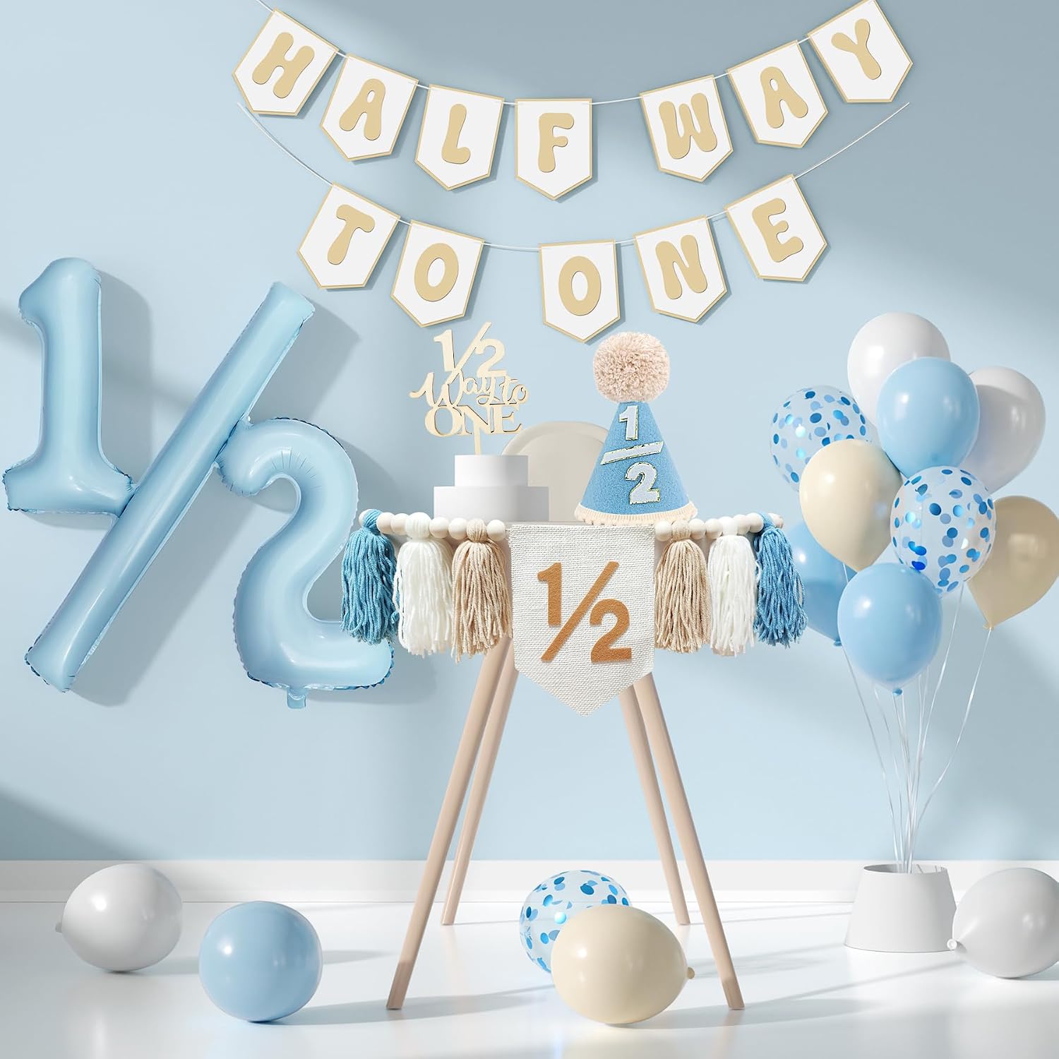 Half Birthday Decorations Boy, 1/2 Birthday Party Supplies, Half Way to One | with Banner, 1/2 Balloon, High Chair Banner, Crown, Cake Topper and Balloons
