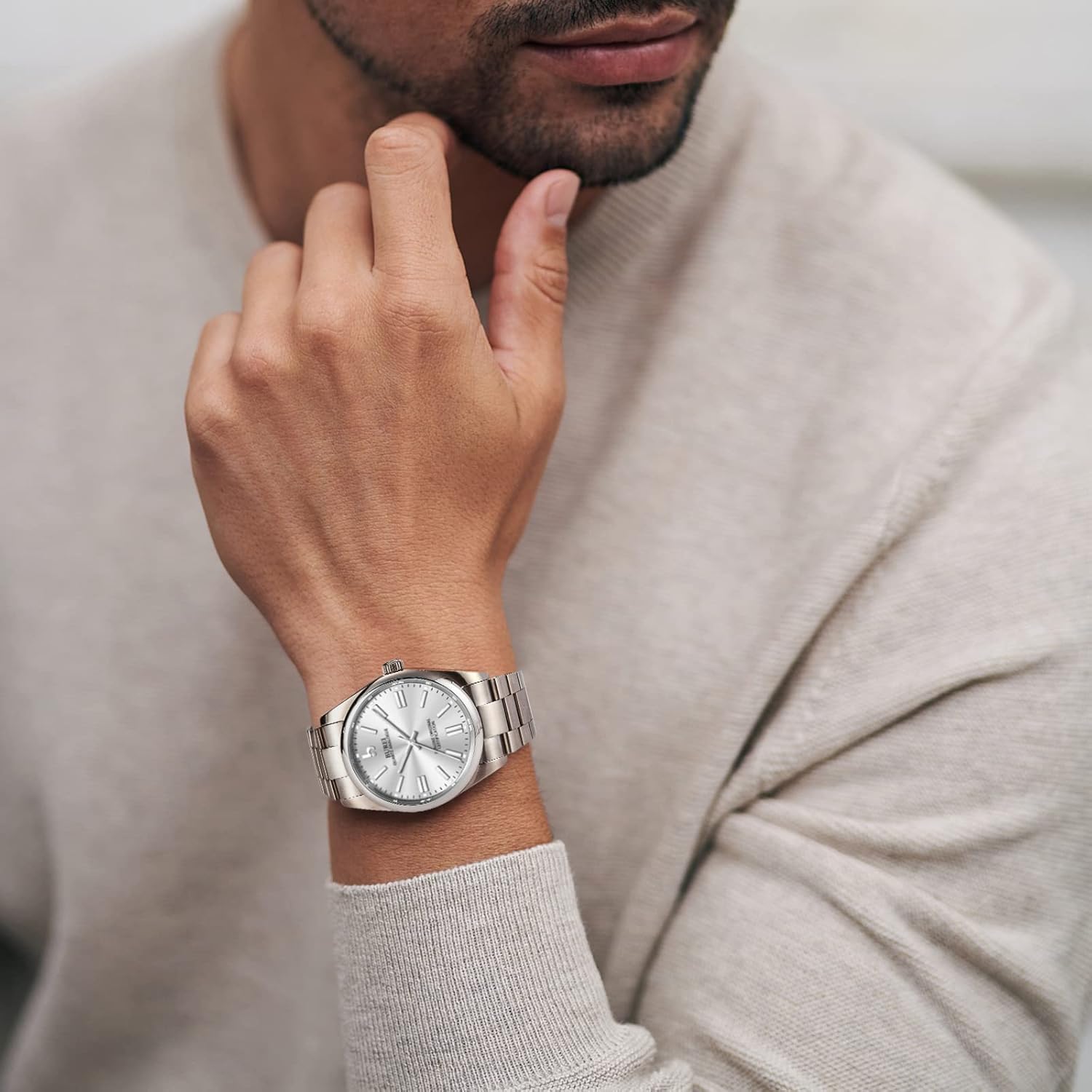 BUREI Men's Quartz Analogue Watch, Stainless Steel Band, Classic Business Dress Watch with Silver Dial