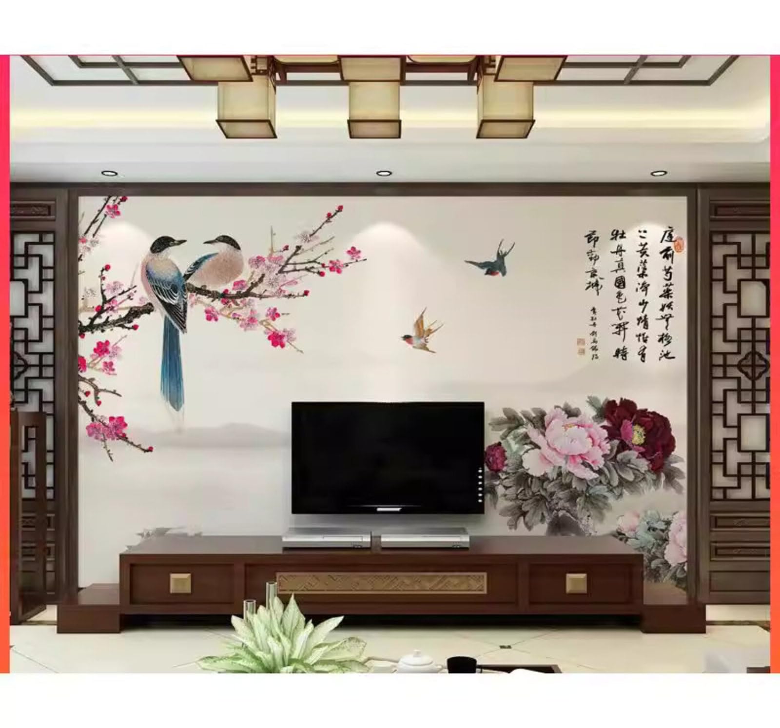 Beautiful Hand Drawn Plum Blossoms Fine Line Painting Flowers and Birds 3D Wallpaper Easy Install Feature Office Living Room Sofa Bedroom TV Background Wall Decoration-350cm×256cm