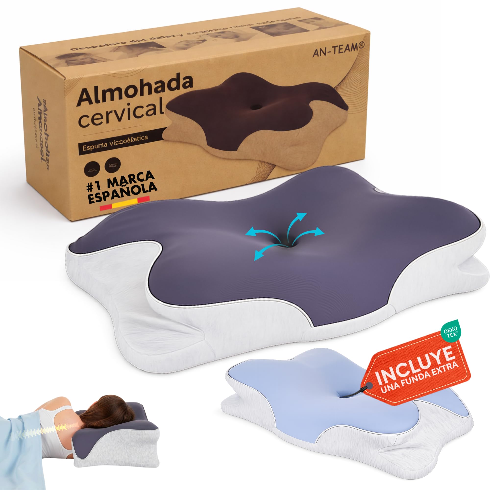 AN-TEAM® Almohada Cervicales y Cuello, Incluye Funda Adicional de Regalo