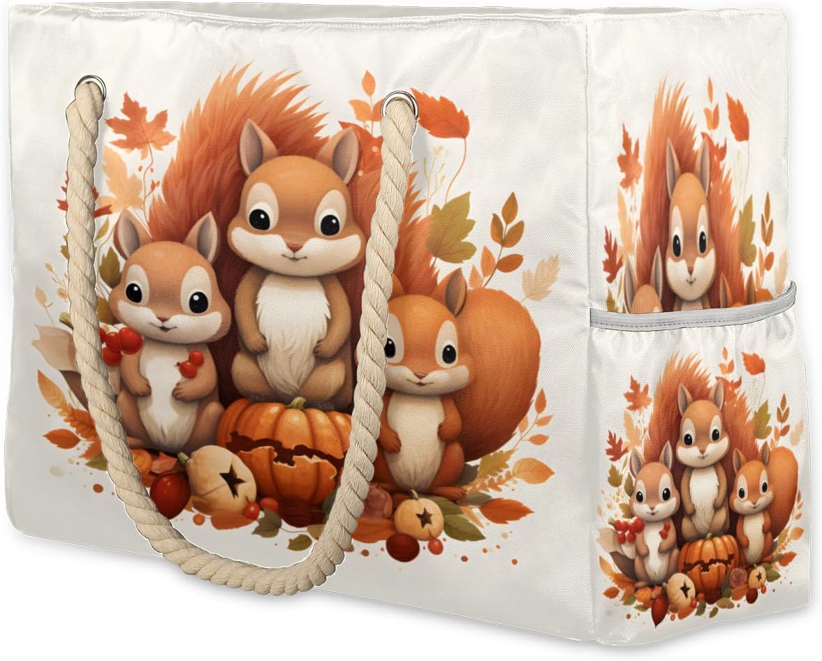 Watercolour Squirrel Pumpkin Berry Maple Leaf Beach Bag for Women Waterproof Sandproof Tote with Zipper Cotton Rope Handles for Travel Pool Gym Shopping