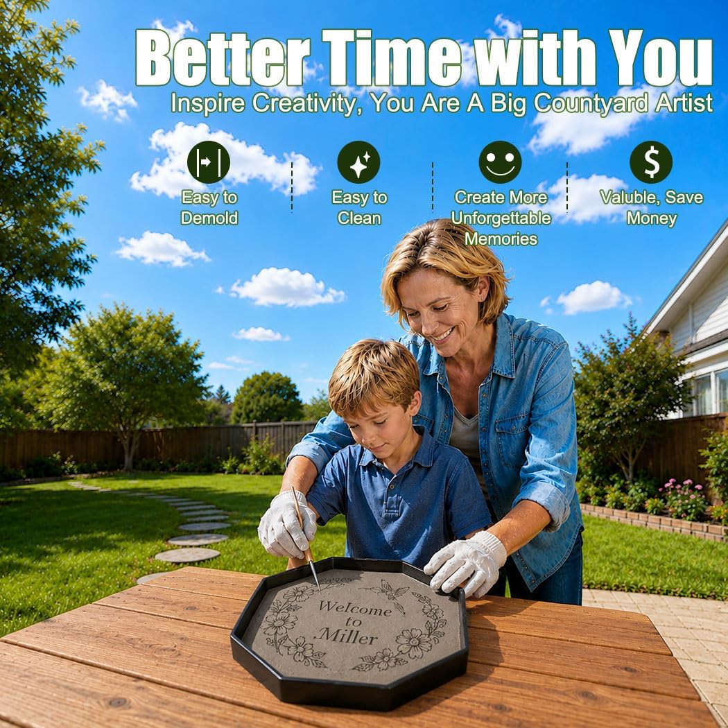 8 Pcs Stepping Stone Mold, Polygon Plastic Paver Molds for Concrete, Dia 8.66 in/ 22cm Depth Cement Black Tray, Reusable DIY Form for Paving Garden Path, Walkway, Patio, Outdoor Landscaping