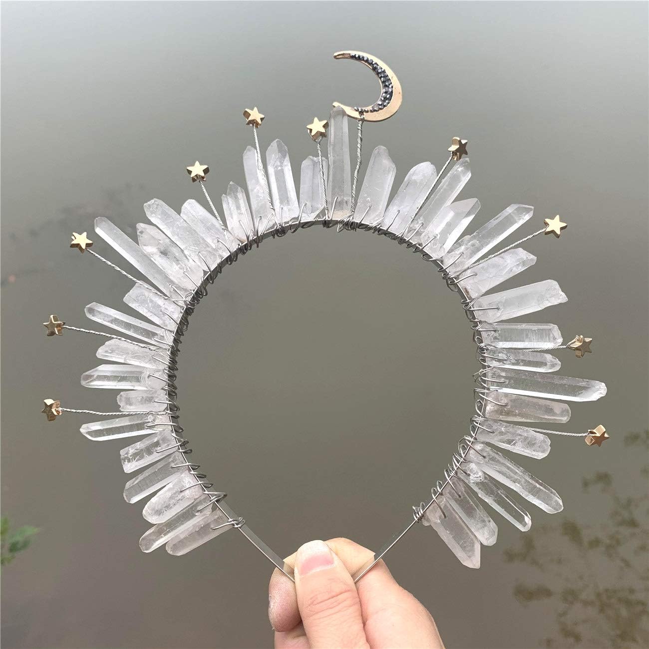 idavallenNatural Crystal Quartz Crown Headband-Moon Stars Crystal Boho Tiara Wedding Bride Headpiece for Woman Festival and Parties