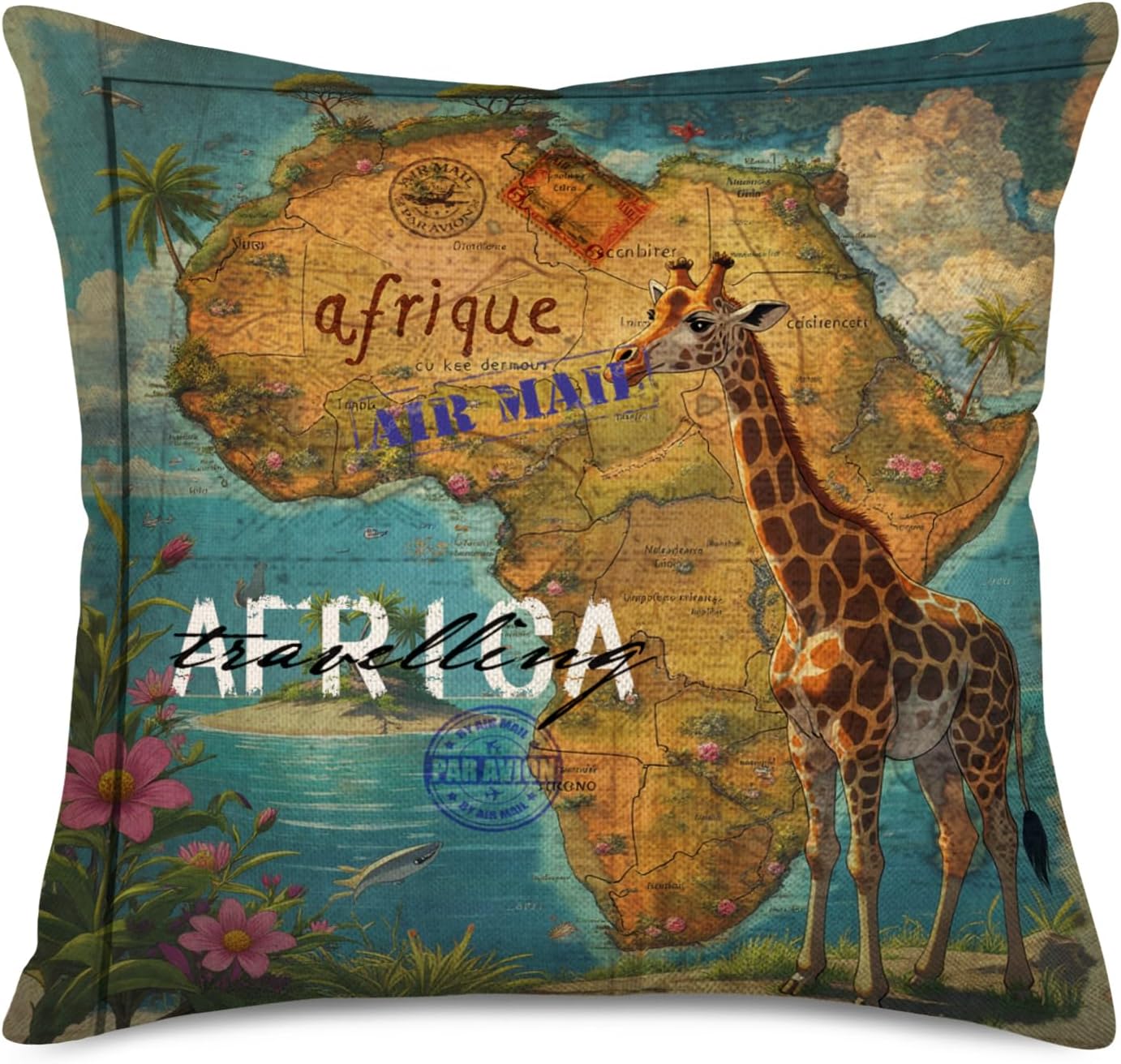 Fukeen African Throw Pillow Covers Colorful Africa Map with Tropical Palm Tree, Giraffe, Ocean Animal Decorative Vintage Pillow Cases Cushion Covers Cotton Linen Square Home Office Decor 18”x18”