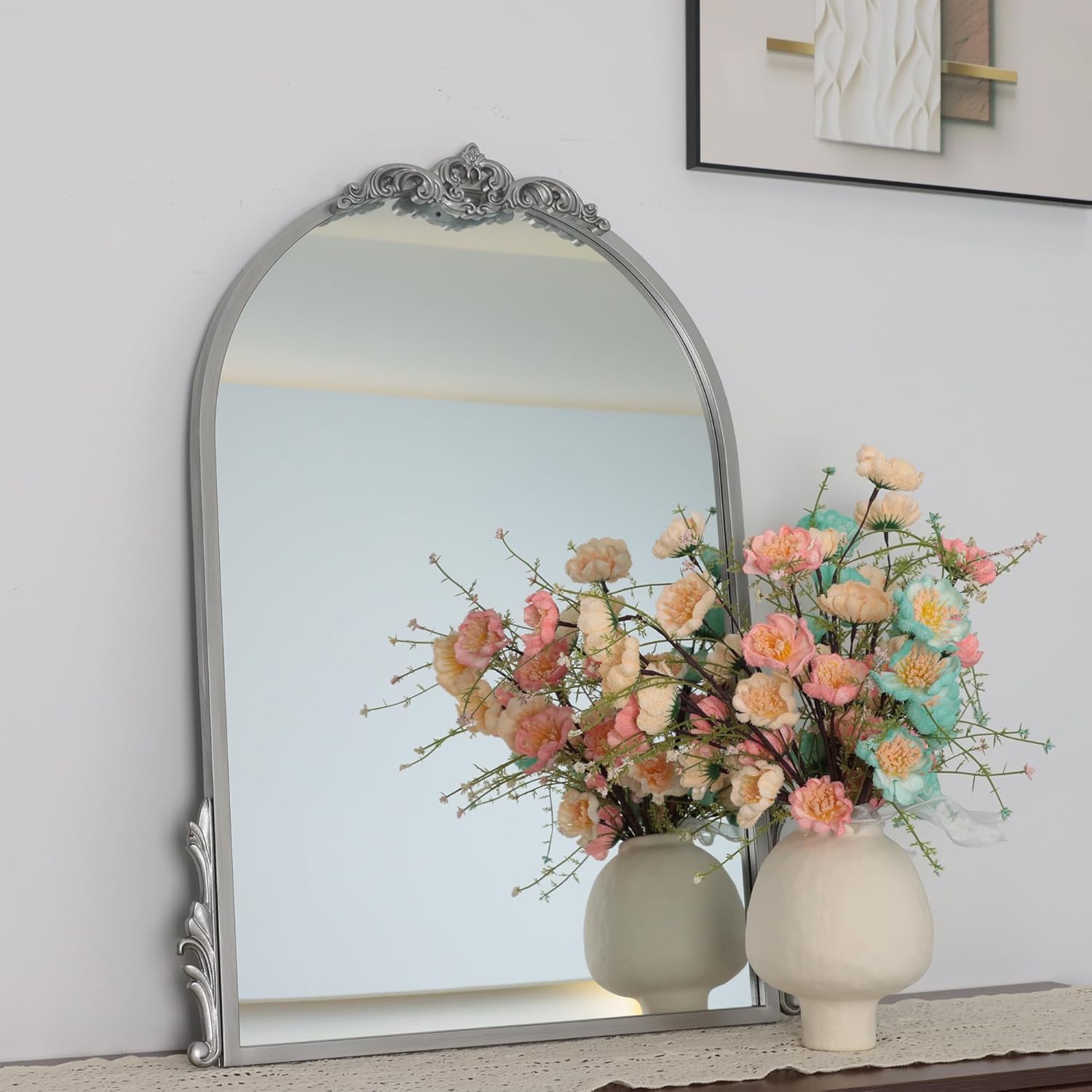 26''x20'' Antique Silver Arched Wall Mirror with Metal Flower Carving Frame, Small Vintage Retro Baroque Mirror Ornate, Vanity Mirror for Bathroom, Fireplace, Entryway, Living Room