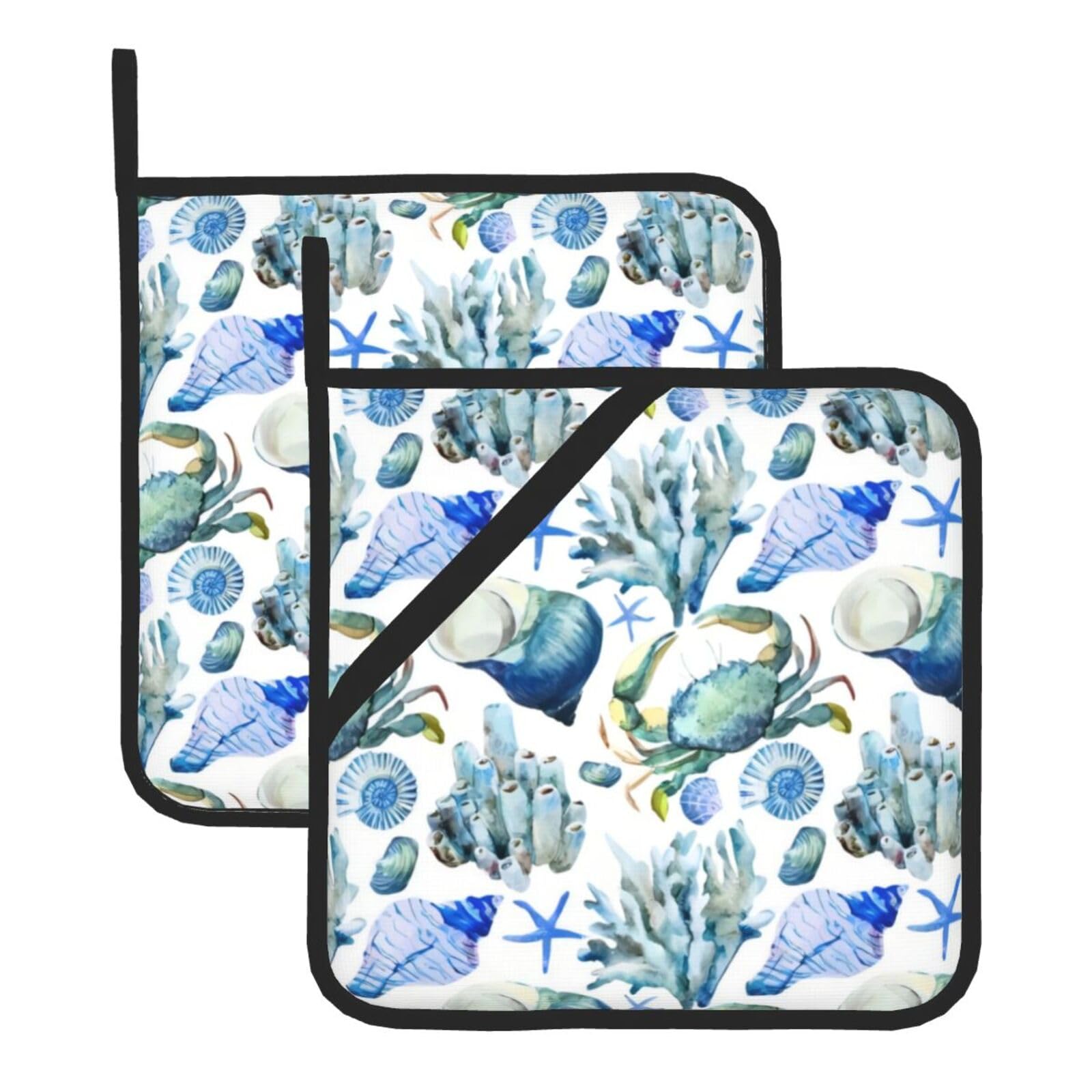 YYHWHJDE Crab Conch Prints Square Hot Pads for Kitchen Counter - Waterproof Pot Holders, Durable Oven Mitt Layers with Hanging Loop, Heat Resistant Trivets (2-Pack)