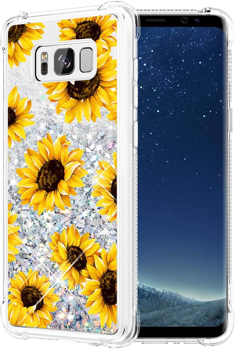 Caka Glitter Case for Galaxy S8 Plus Case Flower Sunflower Luxury Fashion Bling Flowing Floating Quicksand Liquid Sparkle Glitter Soft TPU Case for Women Girls for Samsung Galaxy S8 Plus (Sunflower)