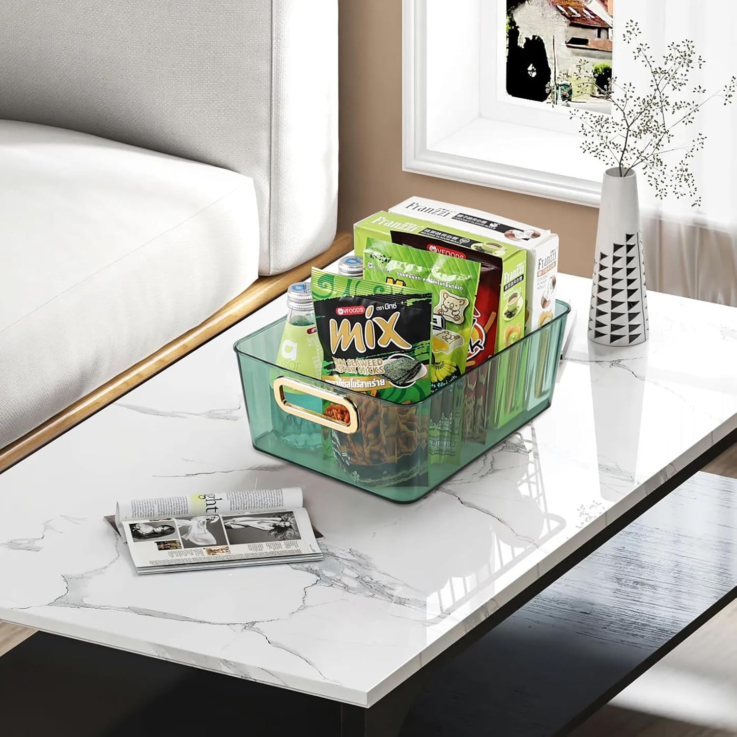 Readsky 6 Packs Clear Pantry Organizer Bins with Handles, Plastic Storage Bins for Kitchen, Green image 4