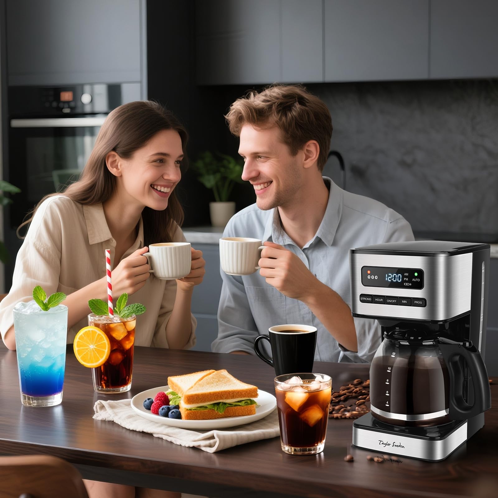 Taylor Swoden Kaffeemaschine 1,8L mit 24H Timer, Eiskaffee-Modus, 3-stufige Stärkeauswahl automatische Reinigung, Filterkaffeemaschine mit Glaskanne & Tropf-Stopp, Wiederverwendbarem Filter, Schwarz