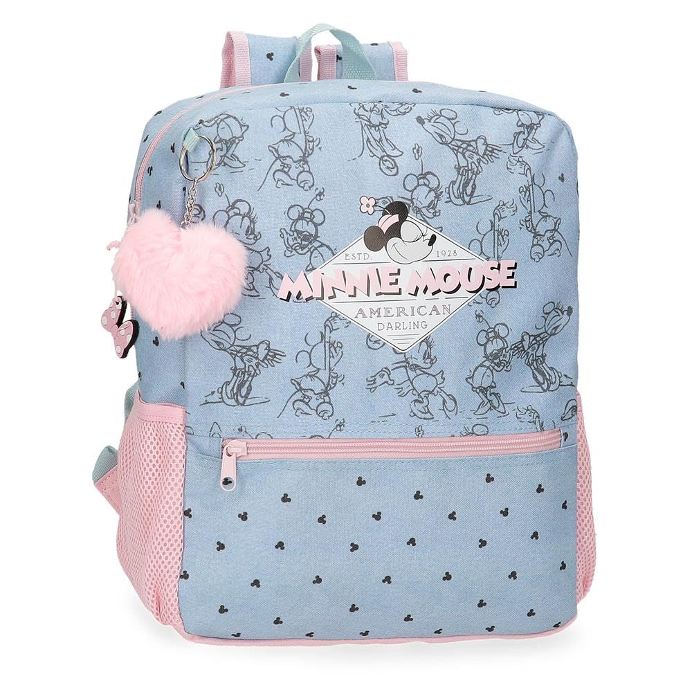 Disney Joumma Bags Minnie American Darling Mochila Infantil, Azul y Rosa, Fabricada en Poliéster, Tirantes Ajustables para llevarla cómodamente, Varios Compartimentos, con Llavero pompón Rosa