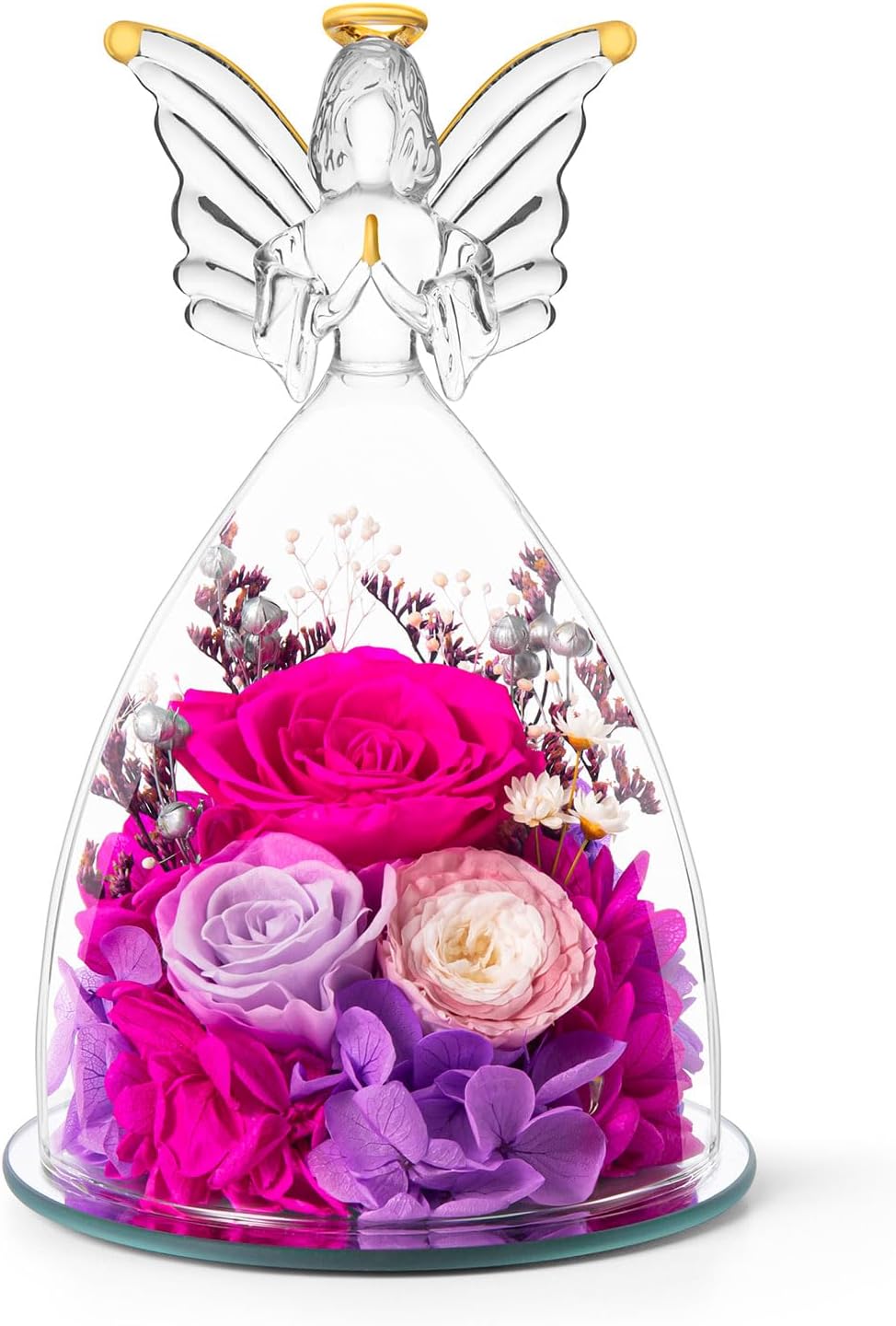 RoseValley Angel Roses Gifts for Her,Preserved Real Flowers Roses in Glass Angel Figurines,Valentines Day Birthday Gifts for Grandma Women Mom Wife Girlfriend Best Friend/Rose