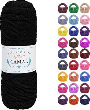 CAMAL Chenille Yarn for Crocheting, 131 Yards Fine Velvet Yarn Chunky Fluffy Plush Yarn for Knitting and Crocheting Blankets, Weaving Shawls, Hand Knitting Projects - 75gBlack