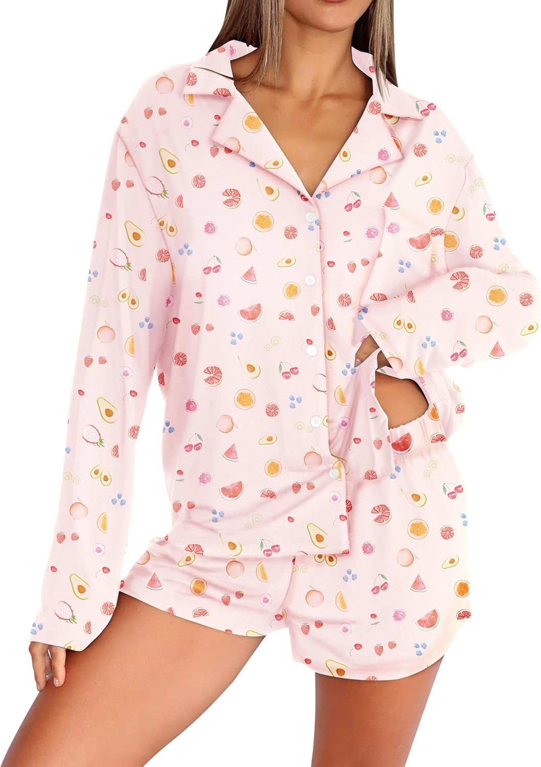 Dressmine Pajama Sets for Women 2 Piece Shorts Cute Button Up Pjs Set Fall Sleepwear Long Sleeve Loungewear Sets