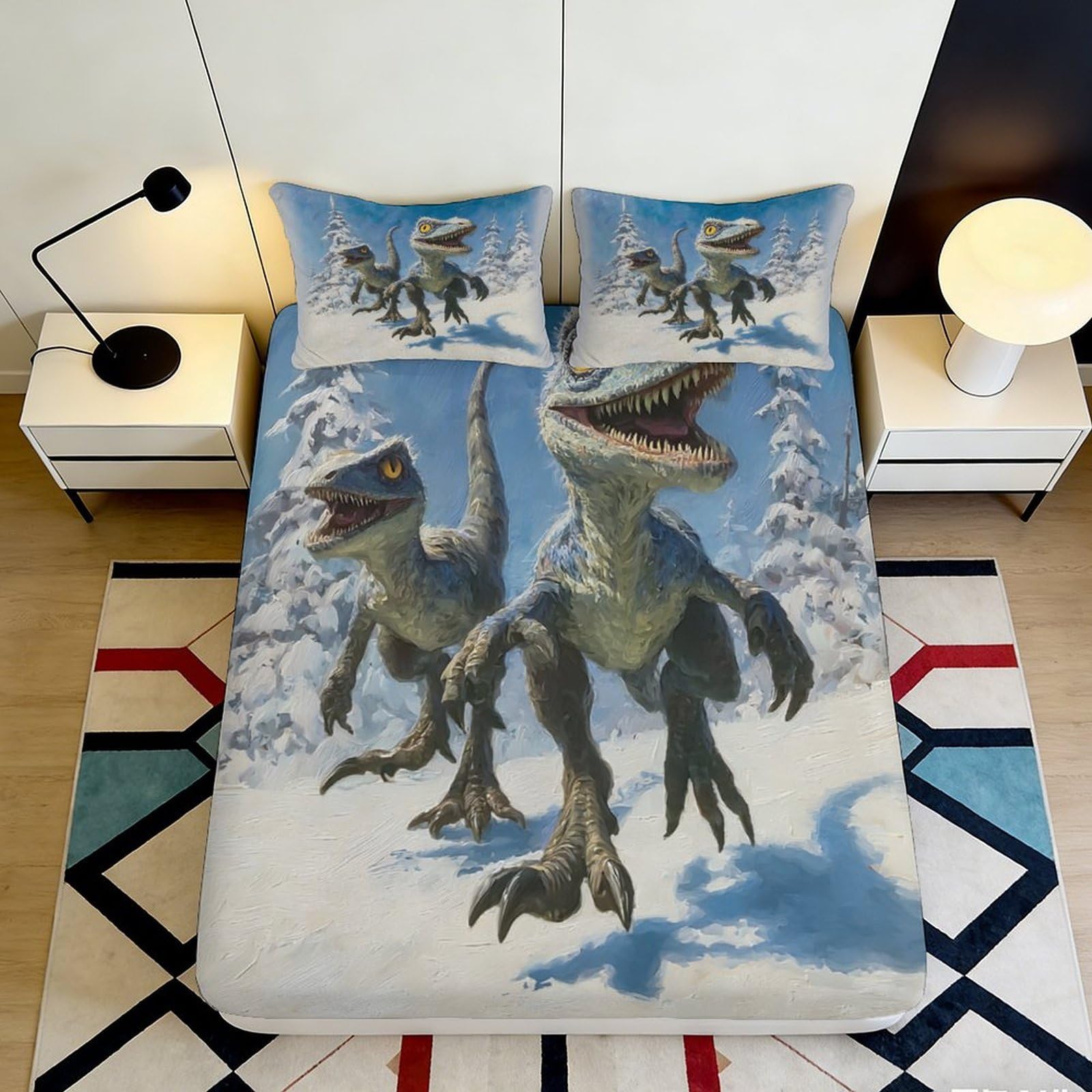 3D Printed Winter Dinosaur Fitted Sheet Microfiber Soft Snow Forest Mattress Cover for Bedroom Dorm Mattress Protection Decor 160x200x25cm