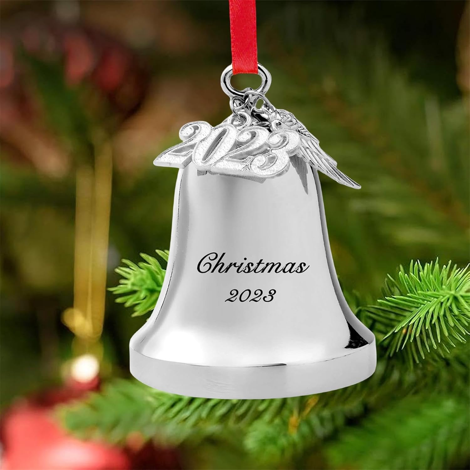 FKOG Silver 2025 Christmas Bell & Sleigh Bell Ornament with Angel Wings Wedding Anniversary Newlywed Married Memories Decoration Gifts (2025 Christmas Bell and Sleigh Bell) - Image 3