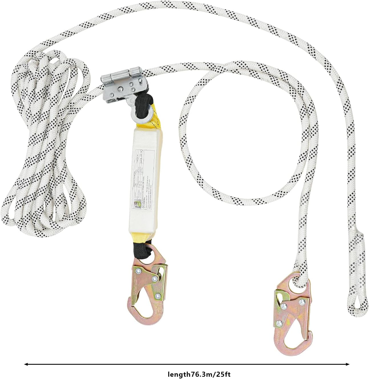 Full length view of the 25ft lifeline assembly with overall length measurement