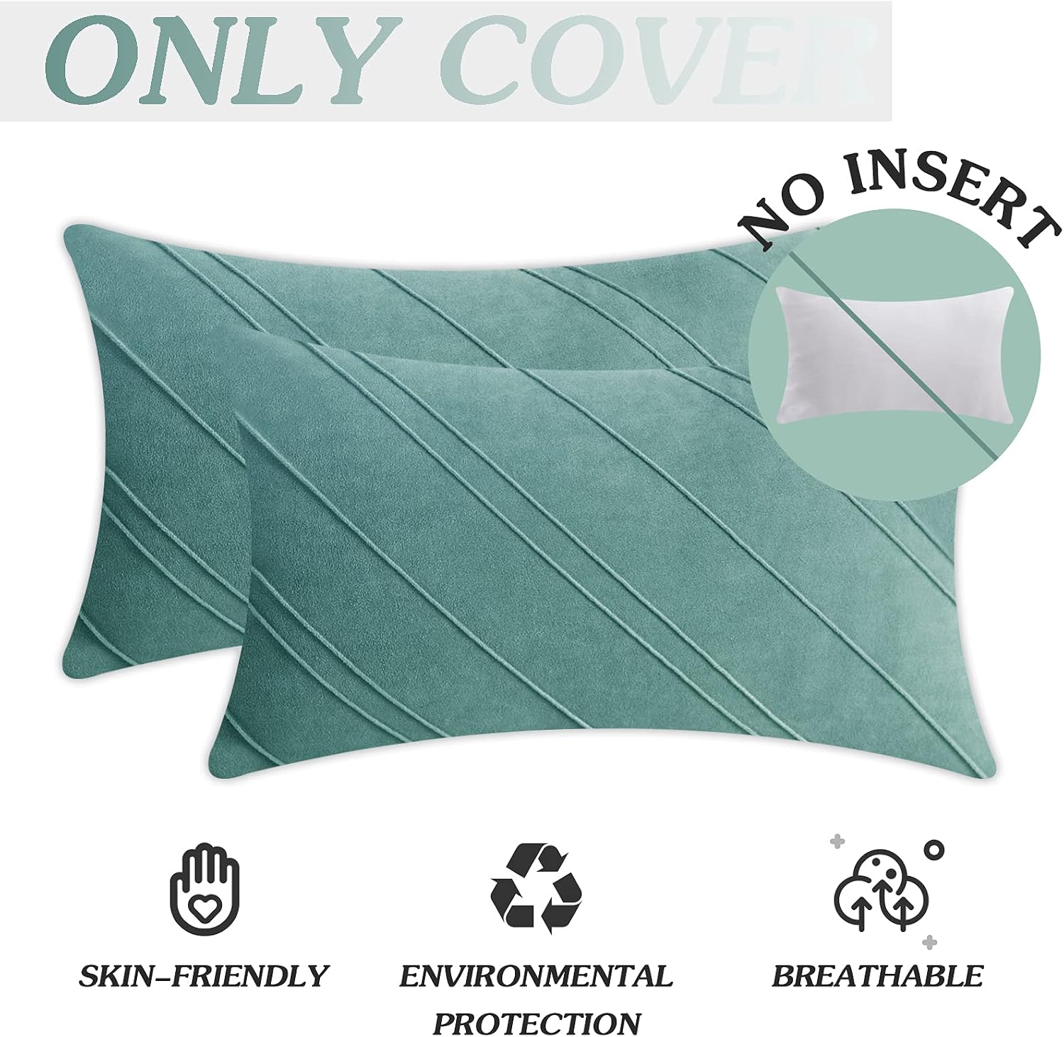 NEERYO Pack of 2 Boho Stripe Decorative Throw Pillow Covers Suede Rectangle Cozy Solid Accent Cushion Case for Home Sofa Bedroom Living Room Couch 12 x 20 Inches Teal