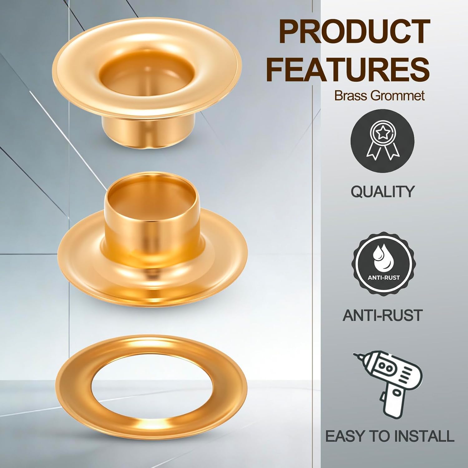 Dunzy 200 Set 1/2" Brass Grommets, Heavy-Duty Rustproof Solid Gold Grommet Tool for Tarps Repair Addition Replacement Fabrics Leather Banners Machinery Parts