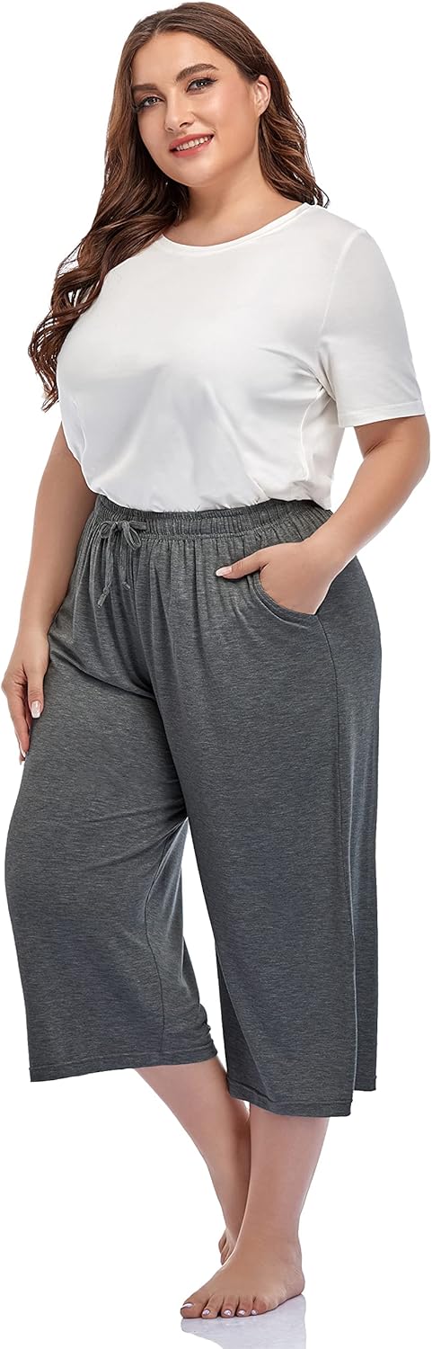 ZERDOCEAN Women's Plus Size Wide Leg Casual Lounge Pants Comfy Capris Relaxed Pajama Bottoms Drawstring Pockets - Image 3