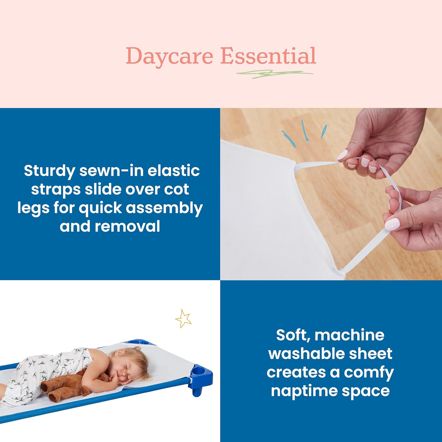 ECR4Kids Stackable Kiddie Cot with Sheet, Ready-to-Assemble, Toddler Size, Classroom Furniture, Blue, 6-Pack