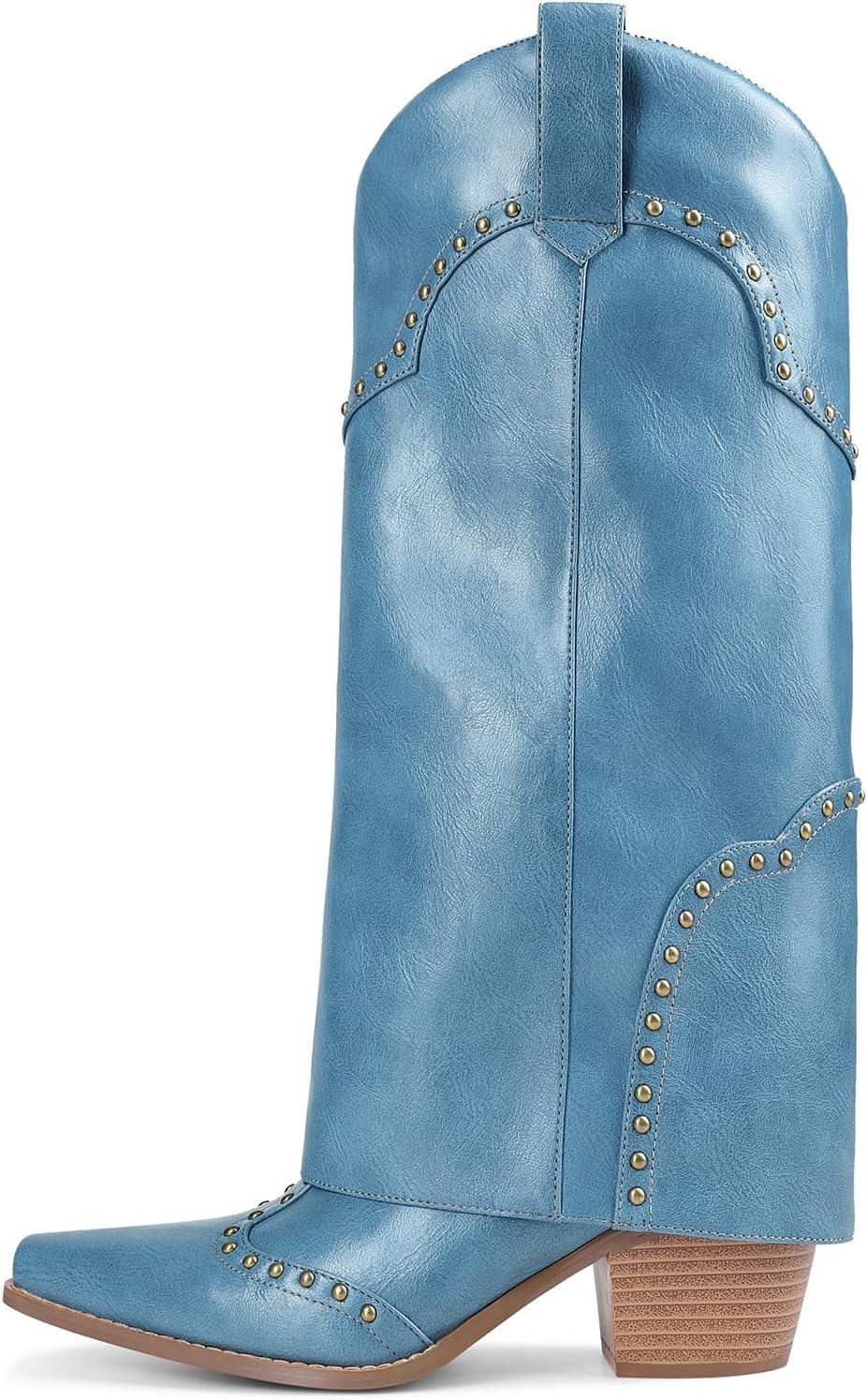 Women Shark Boots Fold Over Mid Calf Chunky Heel Snip Toe Cowboy Cowgirl Pull On Studded Boots for Women - Image 2