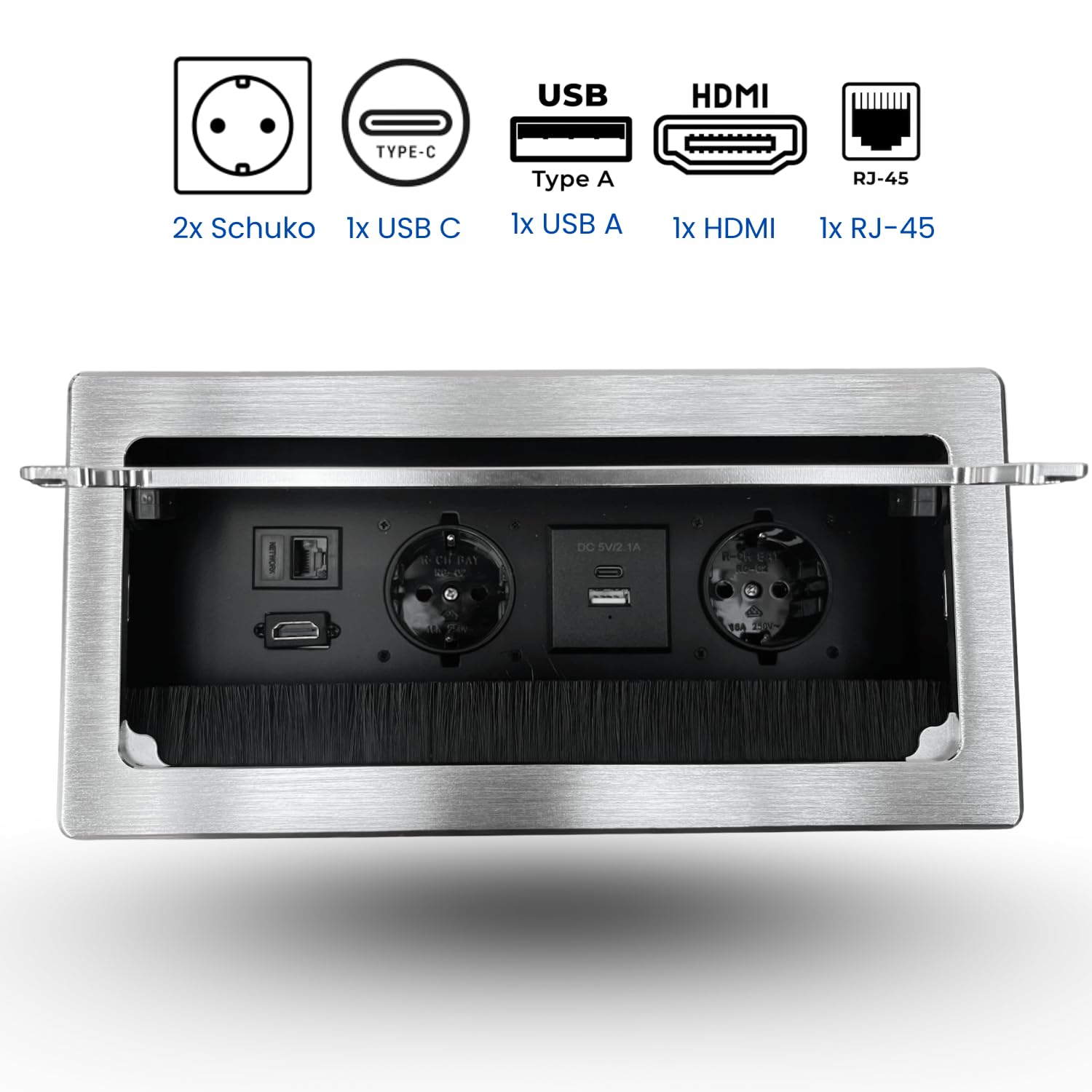 EVOTRADE - Regleta empotrada (2 SCHUKO 2 USB (A+C) 1 HDMI 1 Rj45 Toma múltiple para escritorio (aluminio)