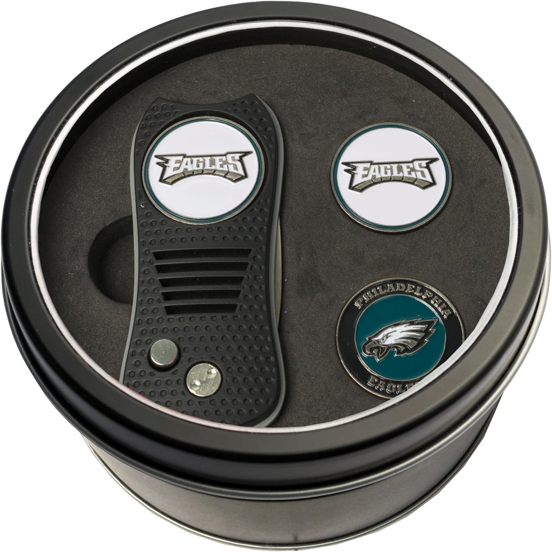 NFL Gift Set Retractable Divot Tool with 3 Double-Sided Magnetic Ball Markers, Patented Single Prong Design, Causes Less Damage to Greens, Retractable Mechanism