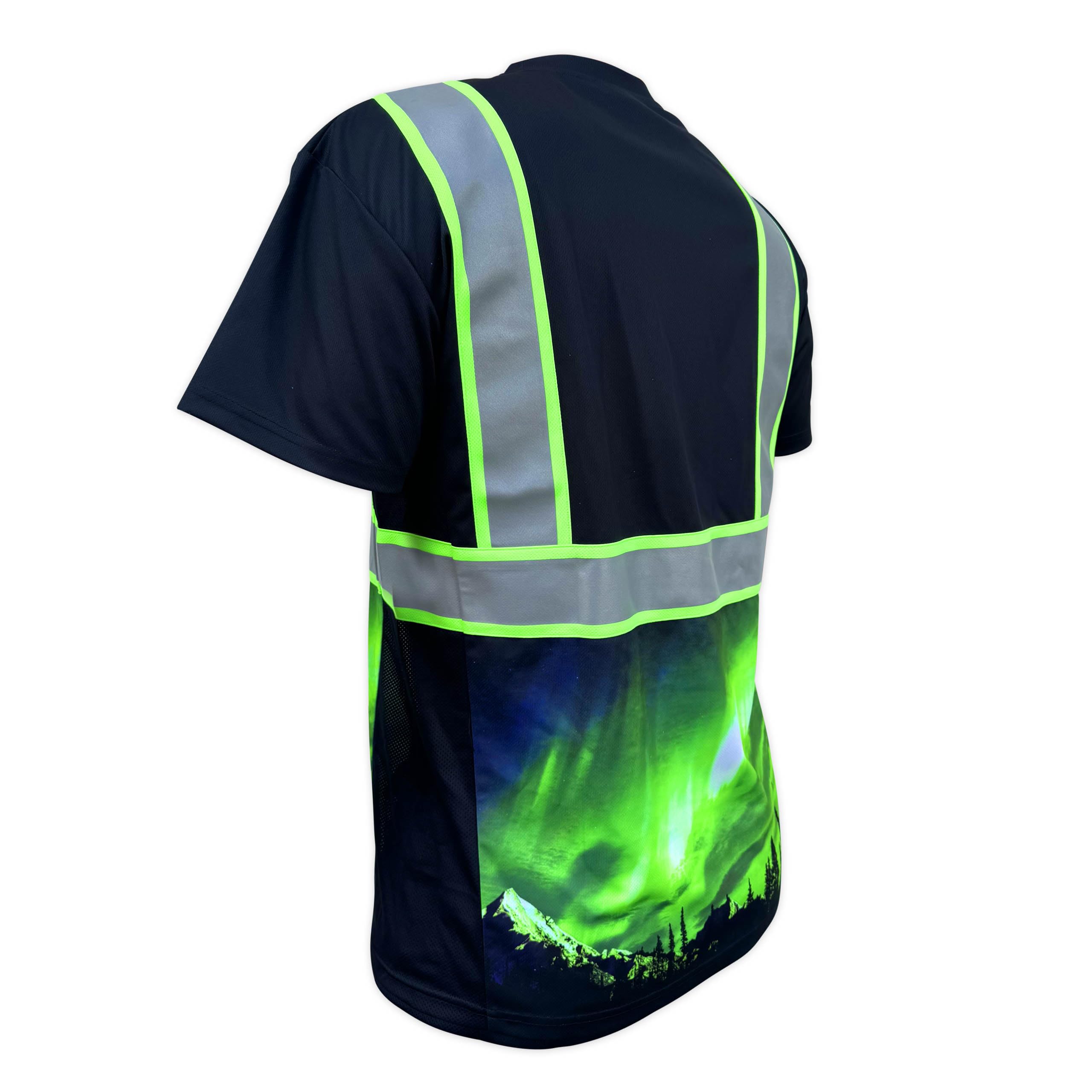SafetyShirtz Hi Vis Work Shirts - SS360 Northern Lights High Visibility Shirt - Breathable, Moisture Wicking Hi Vis T Shirt - Type-O Reflective Shirt - UPF 40 Sun Shirt (Black, Medium)
