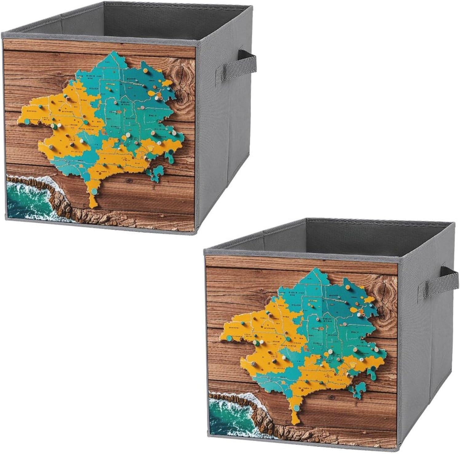 Map on Wooden Background Foldable Storage Box with Handles, Durable Oxford Storage Cubes, 2PCS Collapsible Closet Organizer for Home, Shelf, Office, Travel