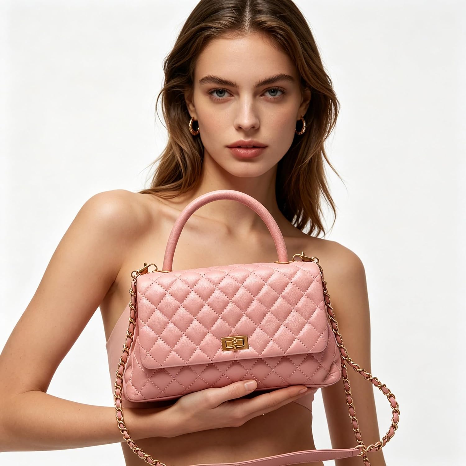 Women's Genuine Leather Quilted Top Handle Handbag, 3-Size Diamond-Stitch Flap Satchel, Chain Crossbody Shoulder Purse.