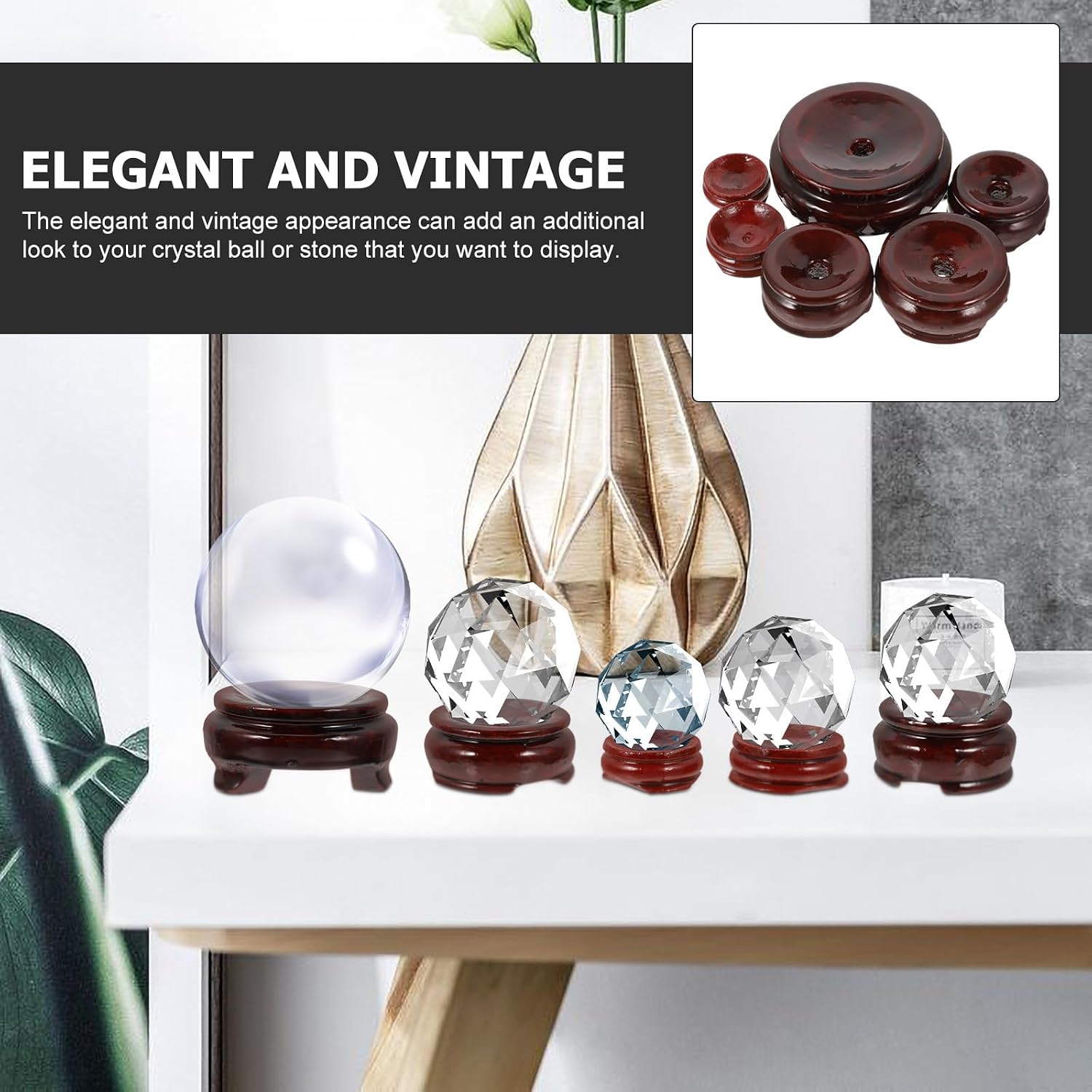 Sosoport Wooden Crystal Ball Display Stand Set of 6 round Brown Pedestals