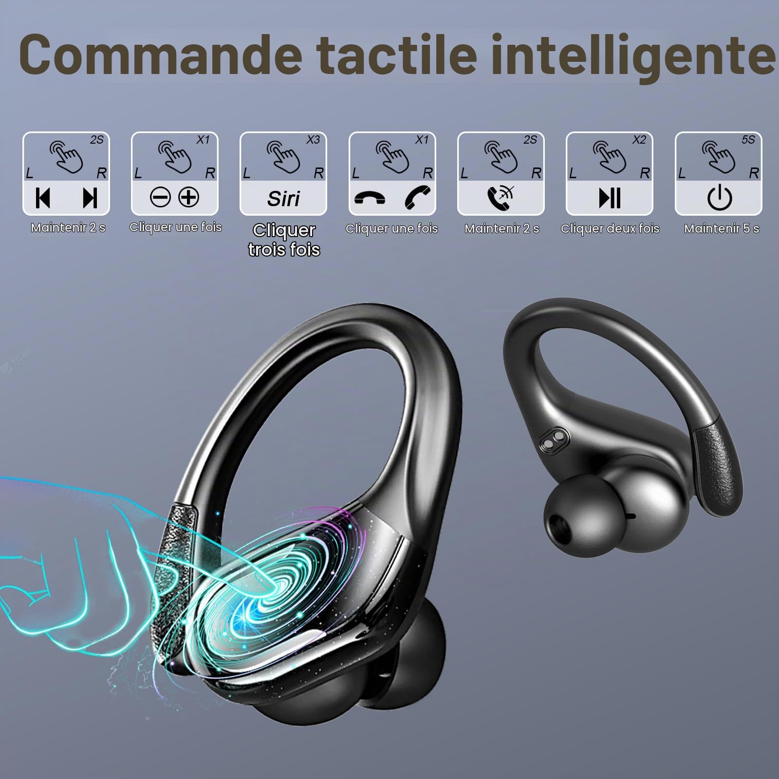 Ecouteurs Bluetooth Sans Fil Sport, 75Hrs Écouteurs Bluetooth 5.4 avec Stéréo HiFi 3D, 4 ENC Réduction de Bruit Mic Oreillette sans Fil USB-C Charge, Étanches IP7 Casque Running LED pour Android/iOS