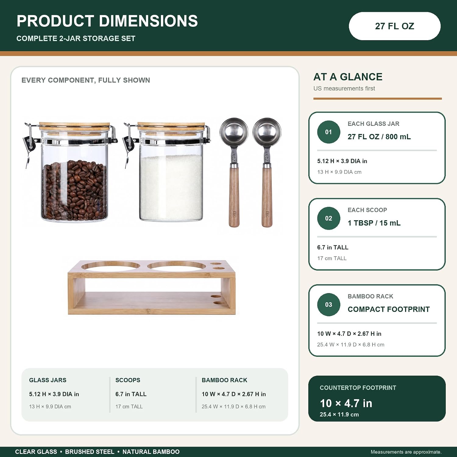 KKC Airtight Coffee Canister Set of 2 with Scoops & Bamboo Lids | 27oz Glass Coffee Jar for Ground Coffee & Beans | Clear Storage Container for Kitchen & Coffee Bar Accessories, Keeps Coffee Fresh image 4