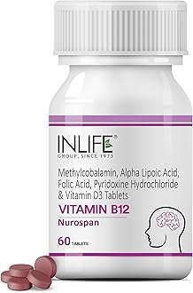 Nurospan Brain Vitamins B12 Methylcobalamin 1500mcg, ALA (Alpha Lipoic Acid), Folic Acid & Vitamin D3 for Energy | Vegetarian Brain Supplements for Memory and Focus | GMP Tested - (60 Count)