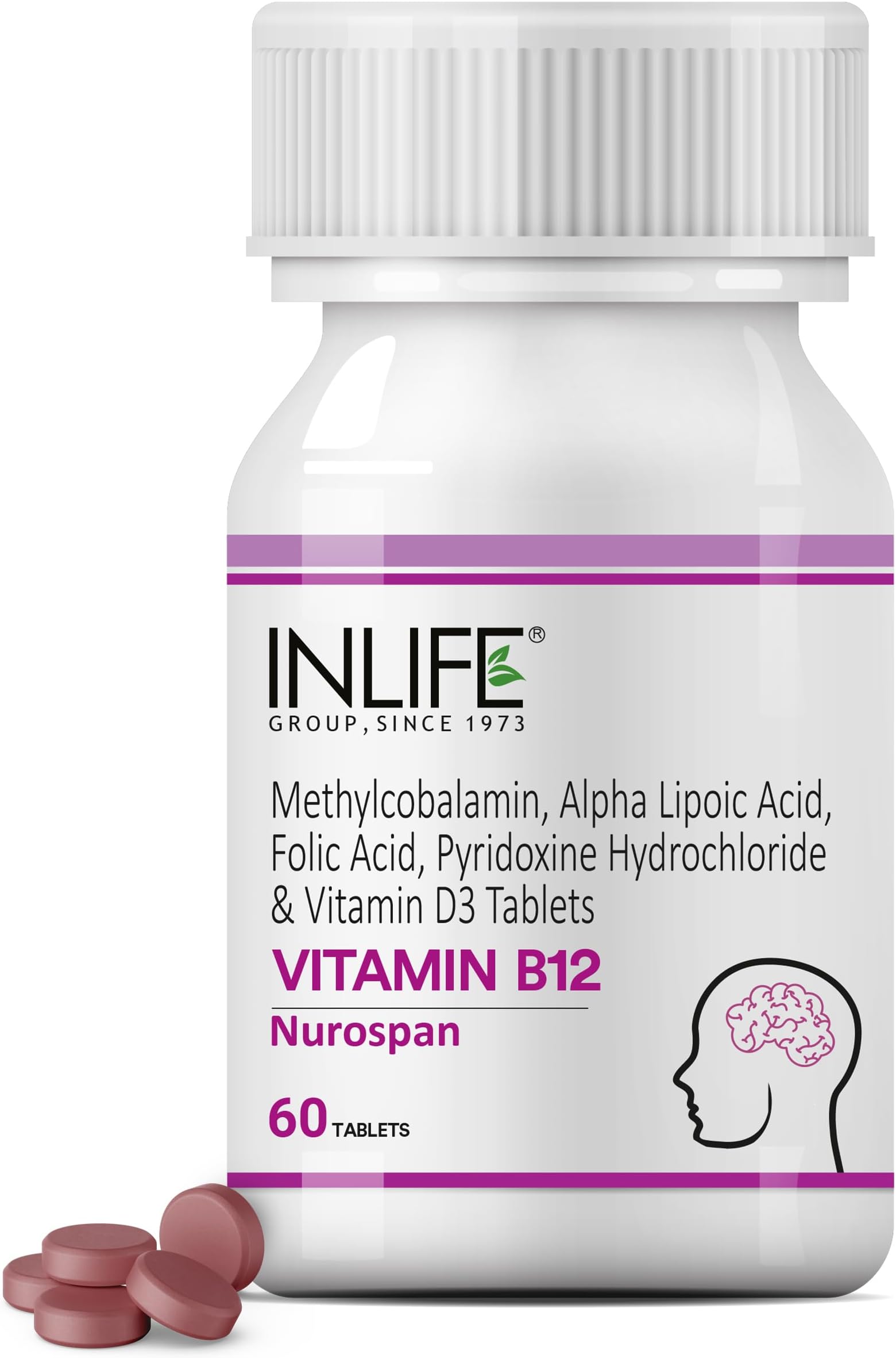 Nurospan Brain Vitamins B12 Methylcobalamin 1500mcg, ALA (Alpha Lipoic Acid), Folic Acid & Vitamin D3 for Energy | Vegetarian Brain Supplements for Memory and Focus | GMP Tested - (60 Count)