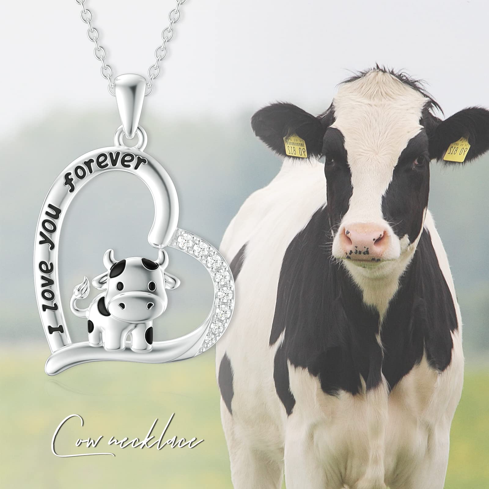 ROMANTICWORK Collana con ciondolo a forma di mucca in argento sterling 925 con ciondolo a forma di mucca, regali per donne e ragazze
