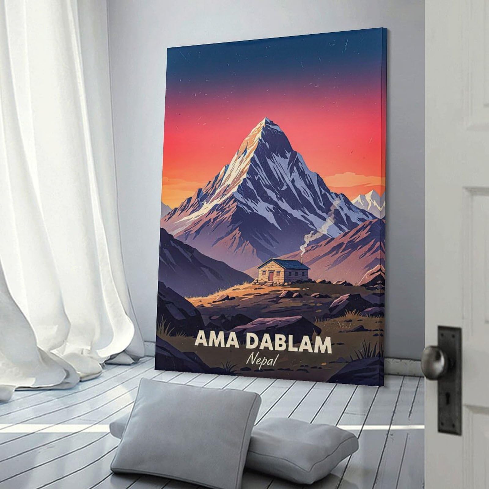 Junmoney Canvas Wall Art Ama Dablam Nepal Mountain Cabin, 24x36inch(60x90cm), for Lounge Decor, Bedroom Walls Or Flats, A Home Accent with Warm Character