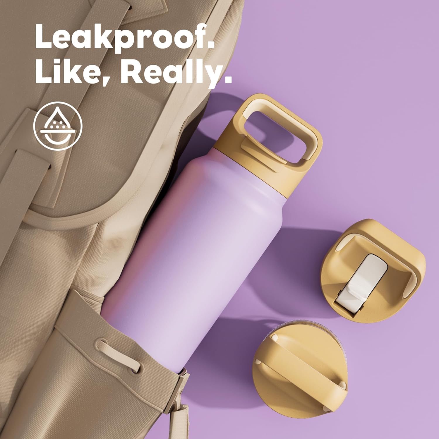 40 oz Insulated Water Bottle for Workout: 3 Lids, Leakproof, Keep Ice 24H and Hot 12H, Double Wall, Large Metal Water Flask with Handle for Camping, Hiking, Climbing, Travel, Outdoors (Vintage Lilac) - Image 4