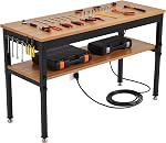 JoanKare 48" Heavy Duty Workbench with Power Outlet & Storage Shelf, 2500 LBS Load Capacity Iron-Wood Work Bench, Adjustable 2-Tier Workshop Table with Pegboard for Garage, Home & Workshop