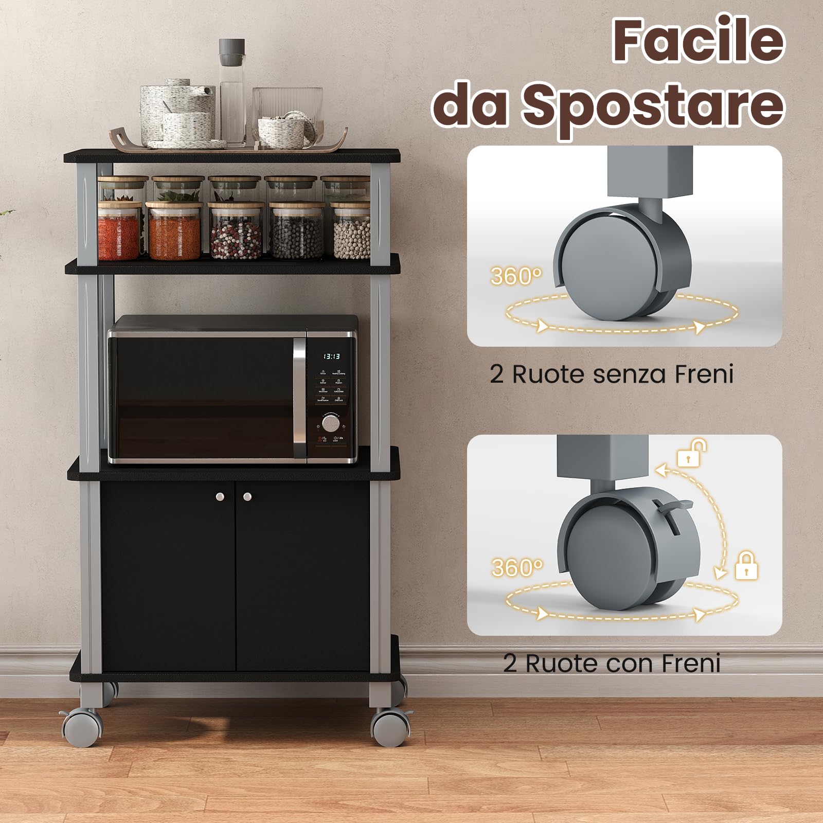 Carrello Compatto Per Microonde Con Cestello Estraibile E Ruote Bloccabili – Telaio In MDF E Metallo, Per Piccole Cucine E Dispense, Disponibile In Nero E Bianco