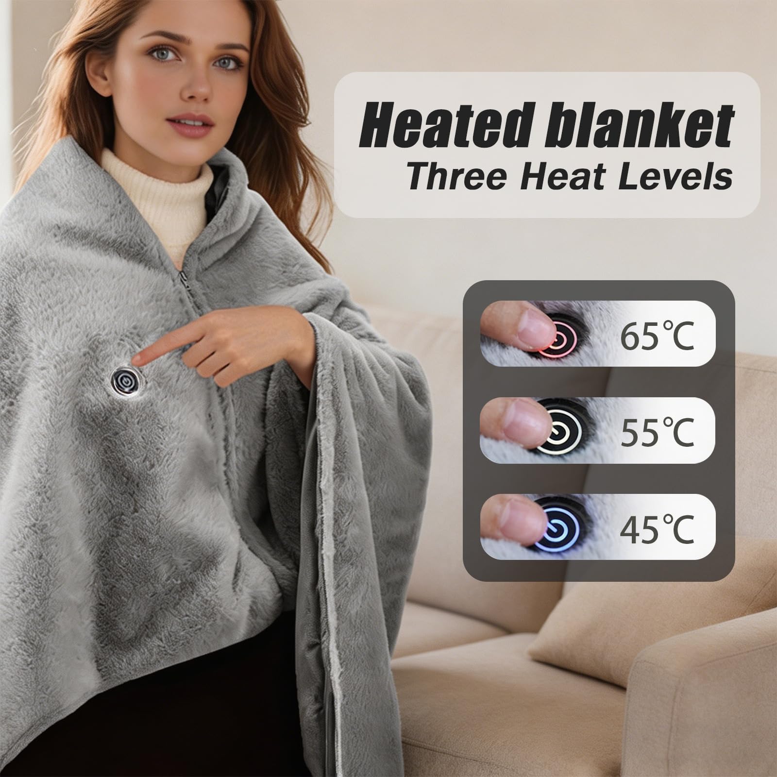 Coperta Elettrica, 160x90 cm, 3 Temperature, Wireless, Soffice | Tessuto morbido, 3 temp 45-65°C, USB ric., ant-surrisc., lavabile, per casa