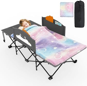 Slendor Kids Cot with Cartoon Handrail, Folding Travel Bed 56" Extra Long